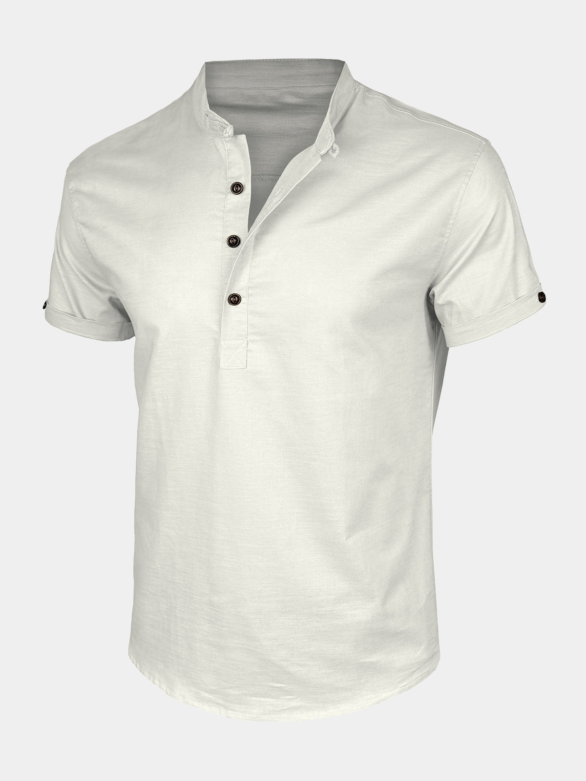 Men’s Casual Cotton Linen Blend Stand Collar Short Sleeve Henley Shirt