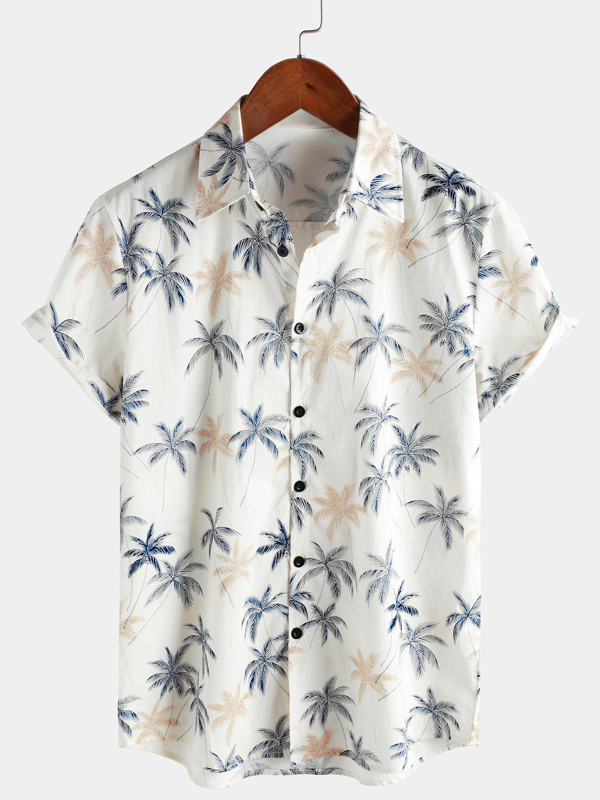 Men‘s 100% Cotton Hawaiian Plam Tree Short Sleeve Button Beach Shirts