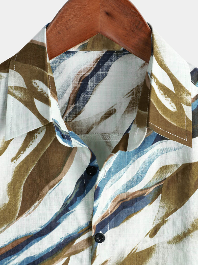 Men's Abstract Graphic Print Cotton Summer Short Sleeve Button Up Shirt