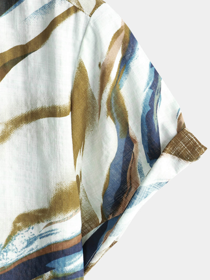 Men's Abstract Graphic Print Cotton Summer Short Sleeve Button Up Shirt