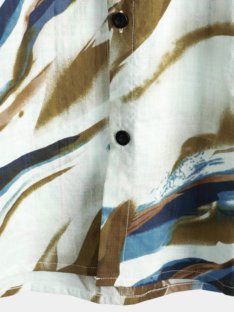 Men's Abstract Graphic Print Cotton Summer Short Sleeve Button Up Shirt