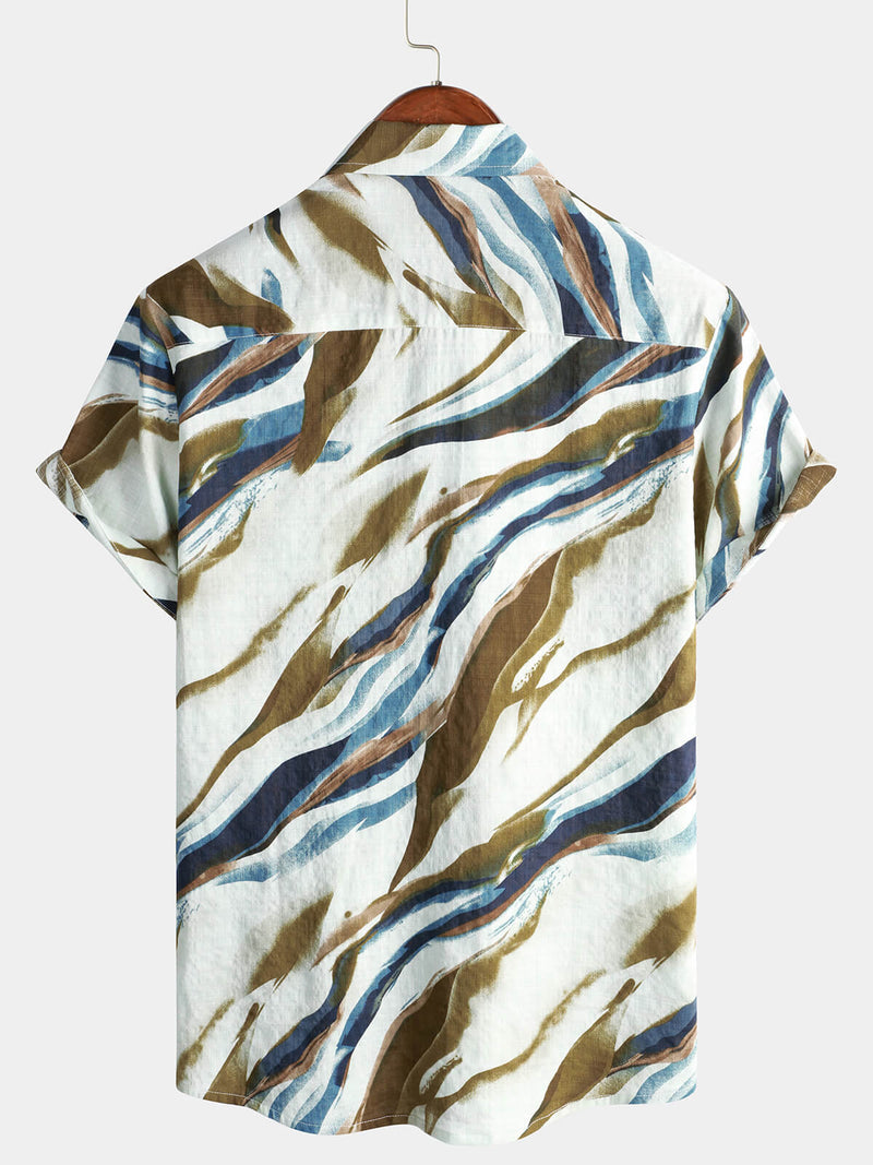 Men's Abstract Graphic Print Cotton Summer Short Sleeve Button Up Shirt