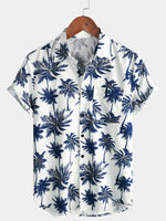 Men's Cotton Linen White Hawaiian Palm Tree Print Beach Holiday Summer Short Sleeve Shirt