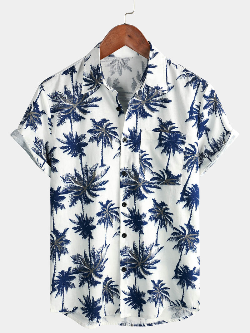 Men's Cotton Linen White Hawaiian Palm Tree Print Beach Holiday Summer Short Sleeve Shirt