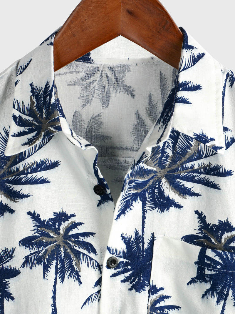 Men's Cotton Linen White Hawaiian Palm Tree Print Beach Holiday Summer Short Sleeve Shirt