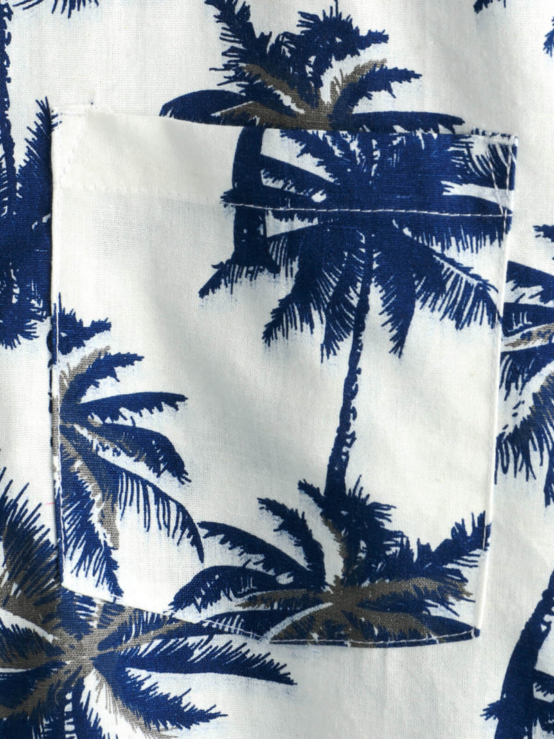 Men's Cotton Linen White Hawaiian Palm Tree Print Beach Holiday Summer Short Sleeve Shirt