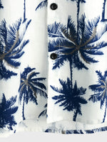 Men's Cotton Linen White Hawaiian Palm Tree Print Beach Holiday Summer Short Sleeve Shirt