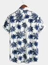 Men's Cotton Linen White Hawaiian Palm Tree Print Beach Holiday Summer Short Sleeve Shirt