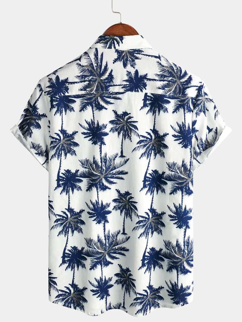 Men's Cotton Linen White Hawaiian Palm Tree Print Beach Holiday Summer Short Sleeve Shirt