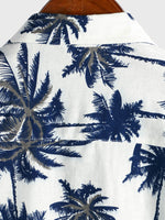Men's Cotton Linen White Hawaiian Palm Tree Print Beach Holiday Summer Short Sleeve Shirt