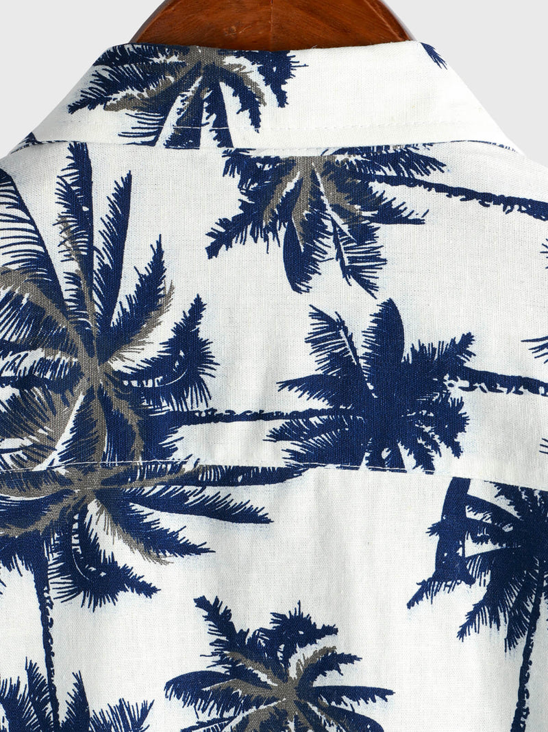 Men's Cotton Linen White Hawaiian Palm Tree Print Beach Holiday Summer Short Sleeve Shirt