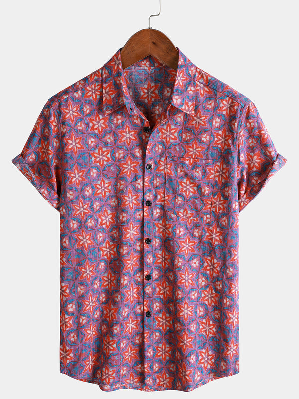 Men’s Vintage Pattern Floral Short Sleeve Lightweight Casual Shirt