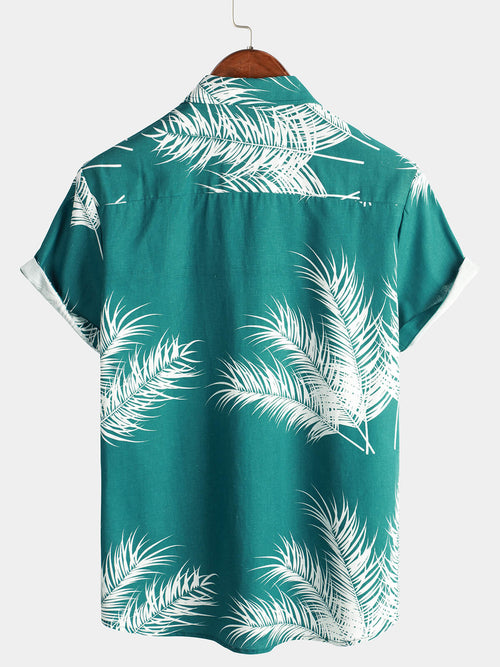 Men's Beach Holiday Cotton Linen Tropical Plant Print Pocket Hawaiian Short Sleeve Shirt