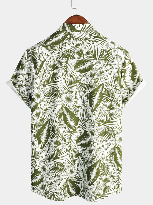 Men's Tropical Floral Print Beach Pocket Cotton And Linen Summer Short Sleeve Shirt