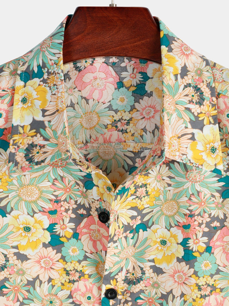 Bundle Of 3 | Men's Retro Beach Hawaiian Cotton Holiday Button Up Blue Short Sleeve Floral Shirts