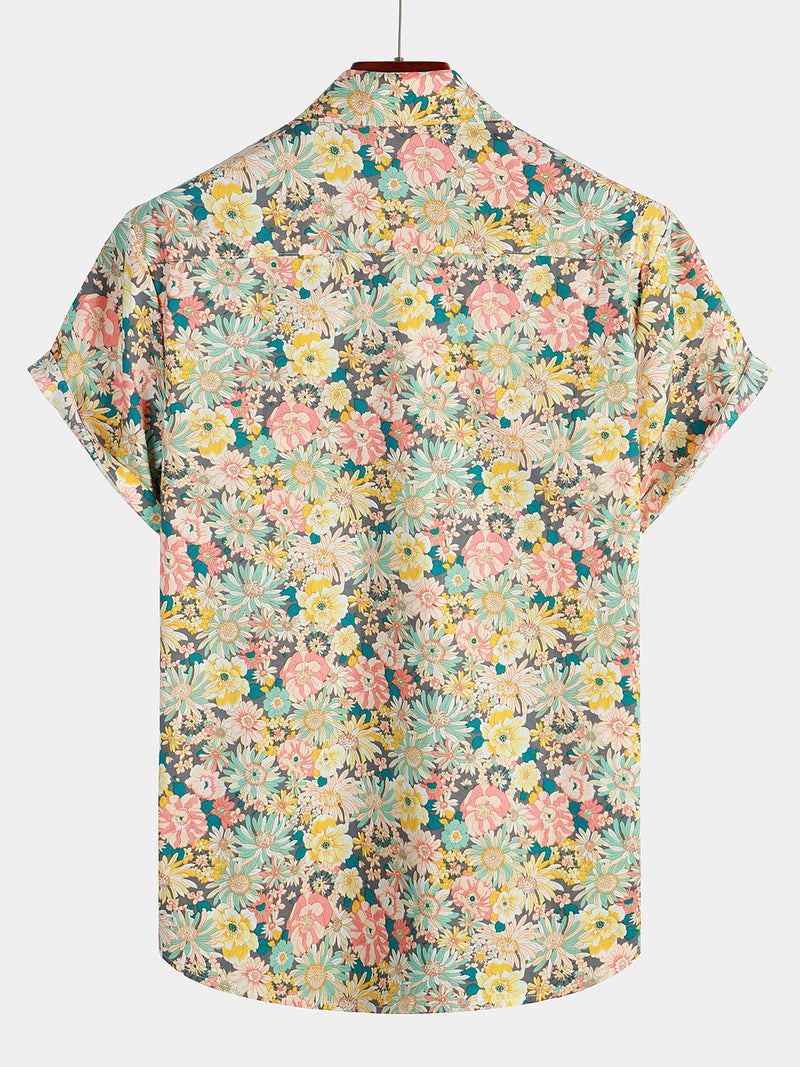 Bundle Of 3 | Men's Retro Beach Hawaiian Cotton Holiday Button Up Blue Short Sleeve Floral Shirts