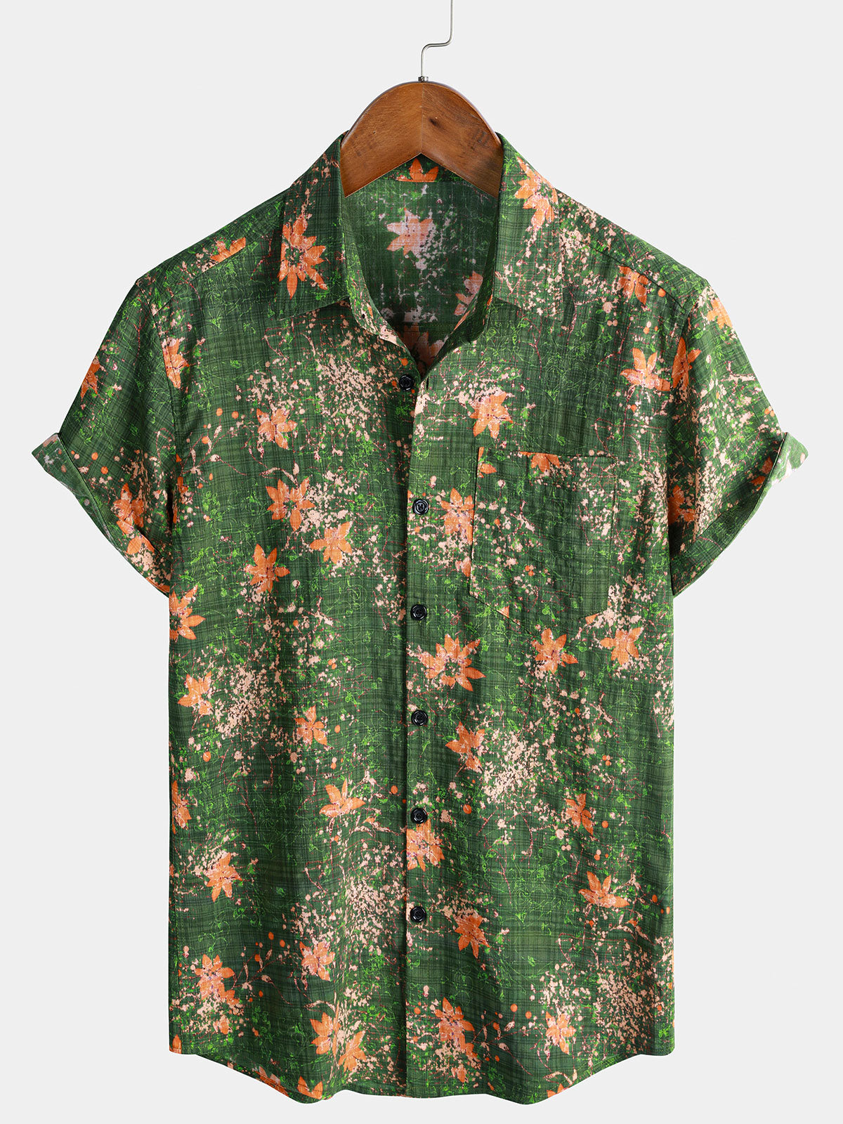 Men's Green Watercolor Maple Leaf Print Casual Short Sleeve Shirt