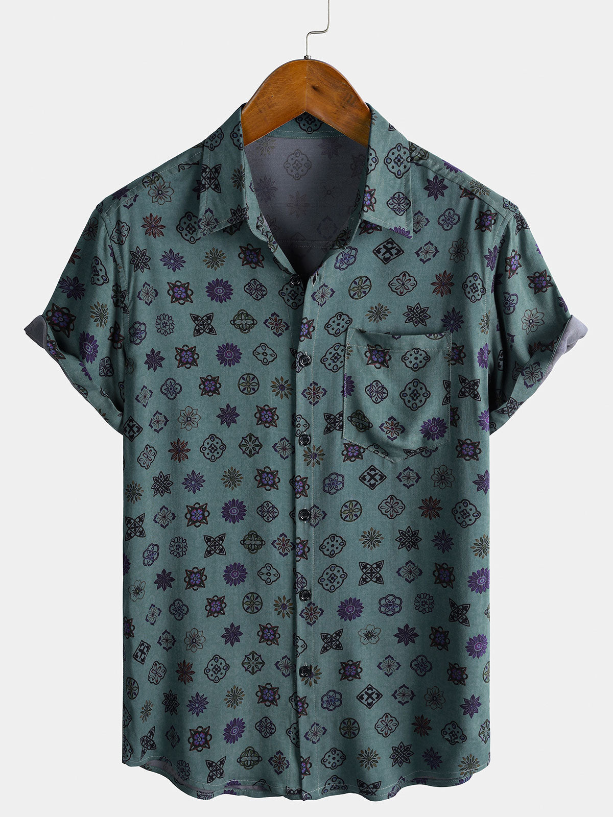 Men's Vintage Geometric Button Down Short Sleeve Lightweight Breathable Resort Shirt