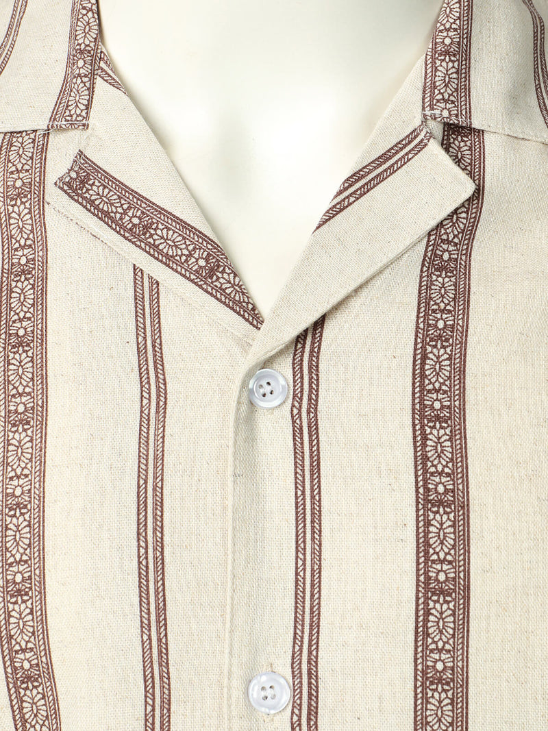 Men's Vintage Camp Collar Striped Print Holiday Short Sleeve Button Up Linen Shirt