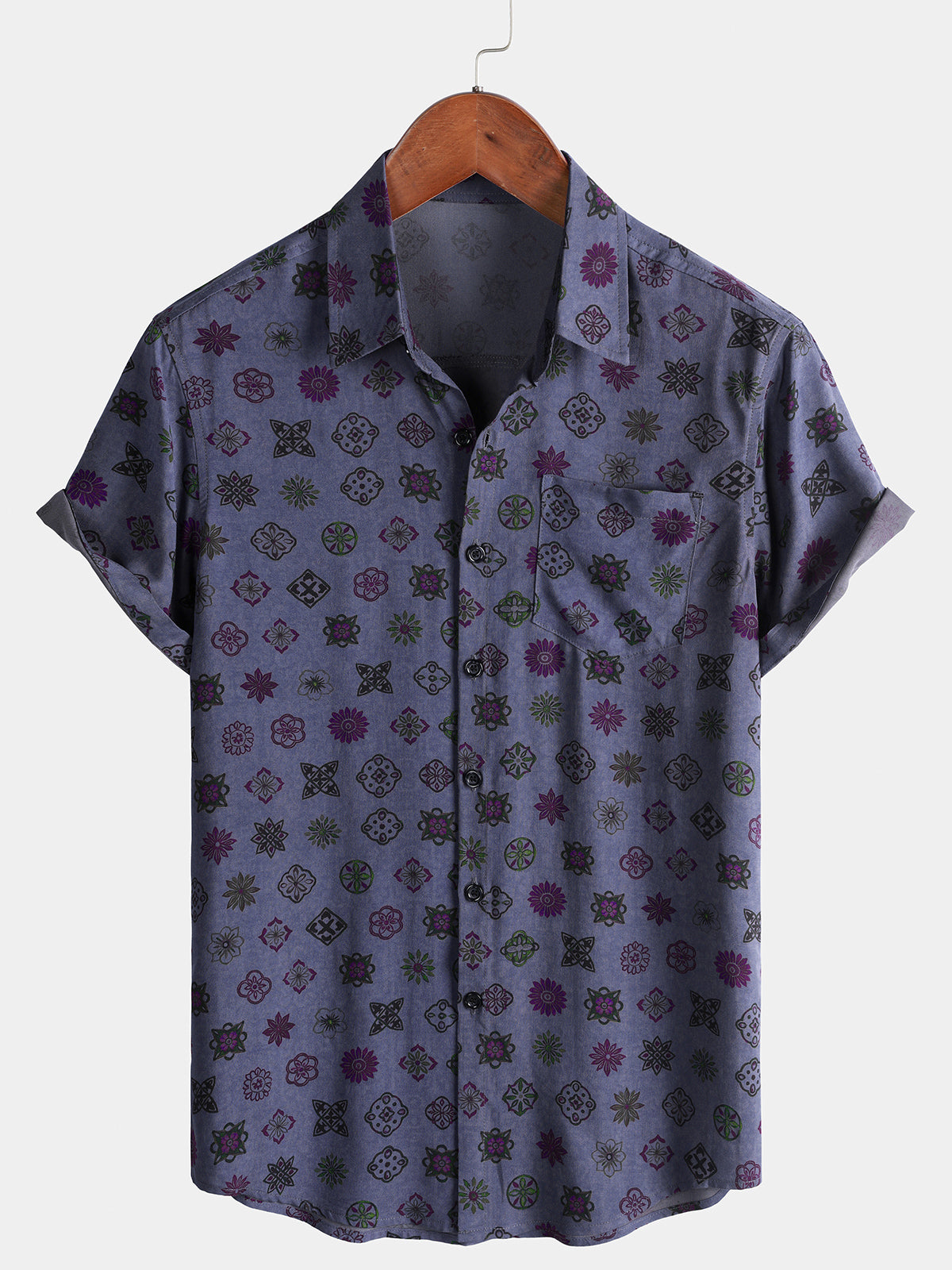 Men’s Vintage Purple Geometric Casual Breathable Short Sleeve Shirt