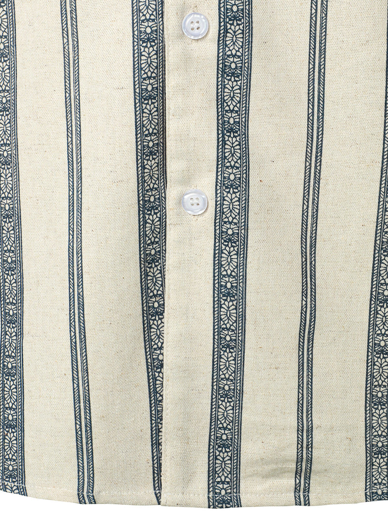 Men's Striped Print Camp Collar Short Sleeve Summer Button Up Linen Shirt