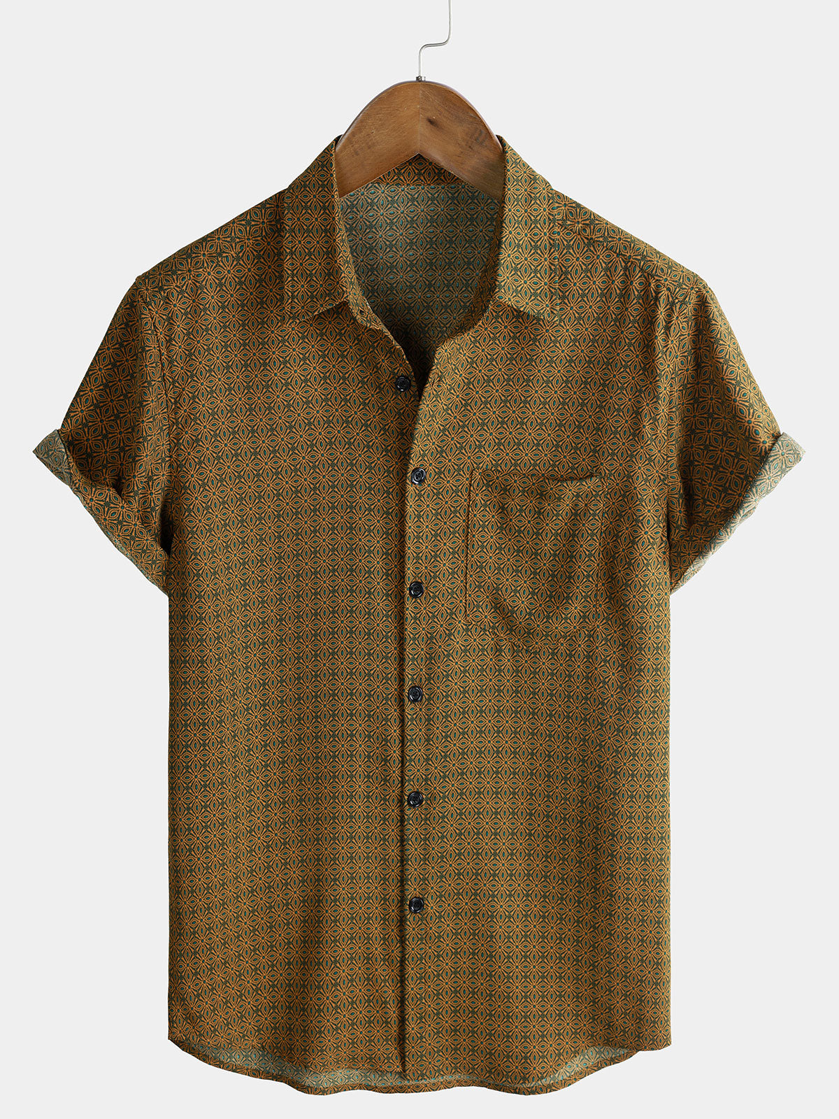 Men’s Everyday Casual Geometric Pattern Retro Printed Versatile Short Sleeve Shirt