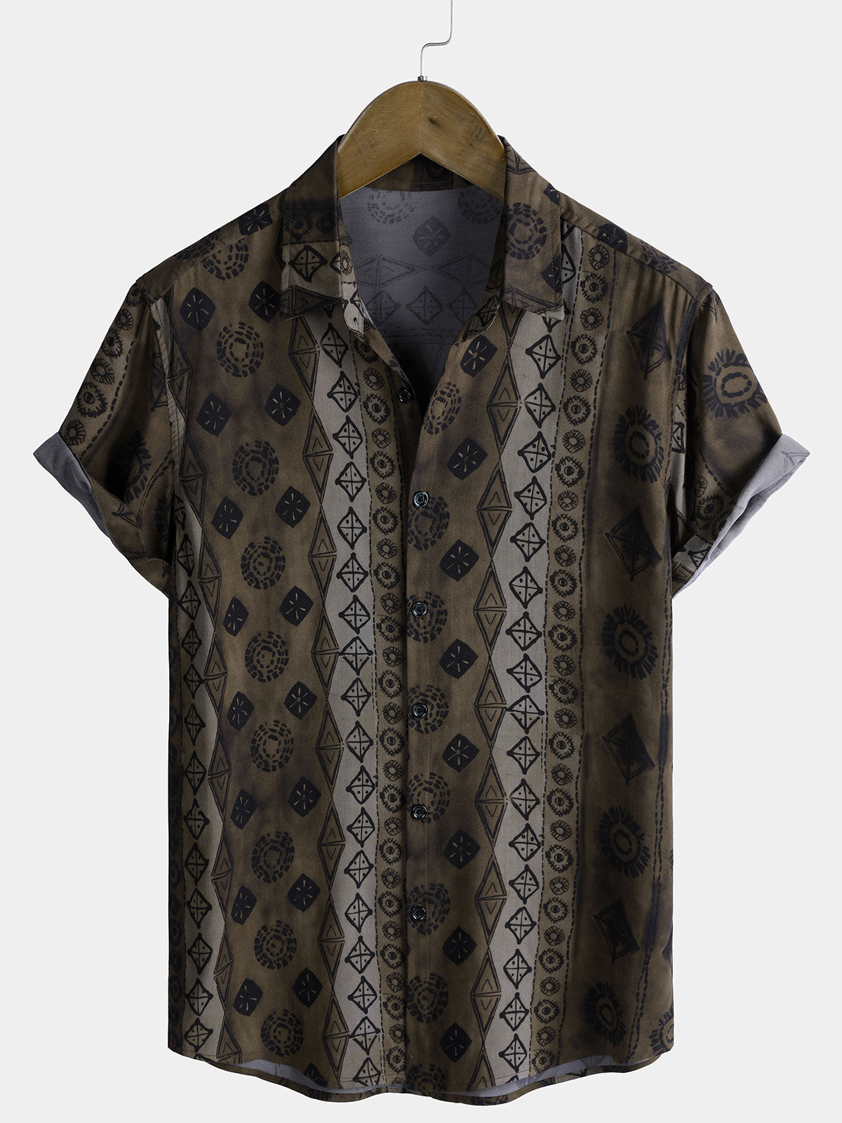 Men’s Vintage Geometric Stripe Breathable Exotic Summer Holiday Short Sleeve Shirt