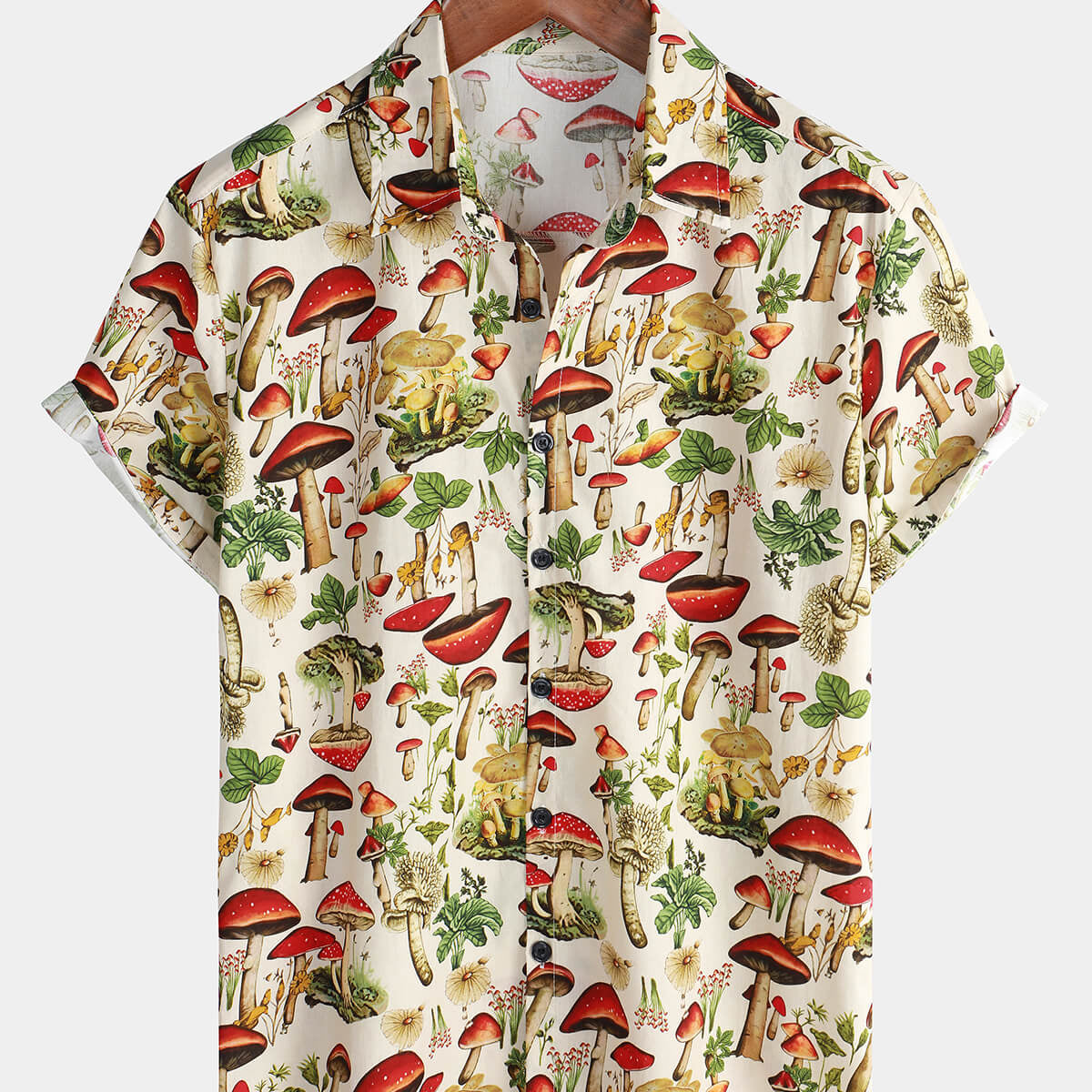 Men's Button Up Vintage Mushroom Funny Holiday Hawaiian Short Sleeve Shirt
