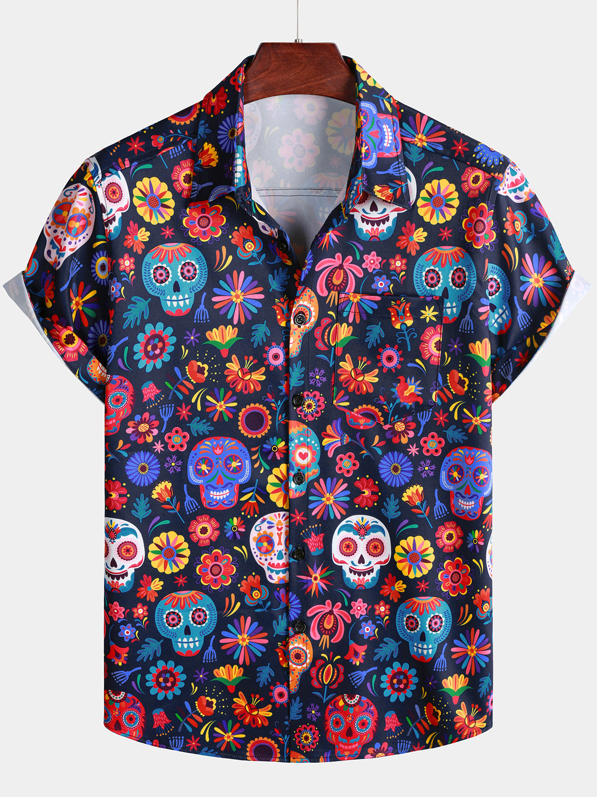 Men's Blue Skull Retro Punk Rock and Roll Hawaiian Shirt