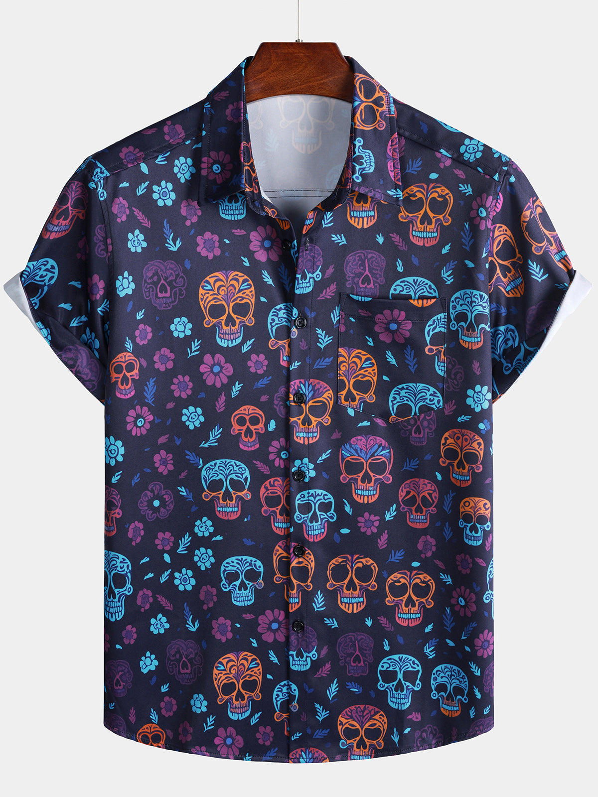 Men's Funny Skull Punk Rock and Roll Hawaiian Button Up Shirt