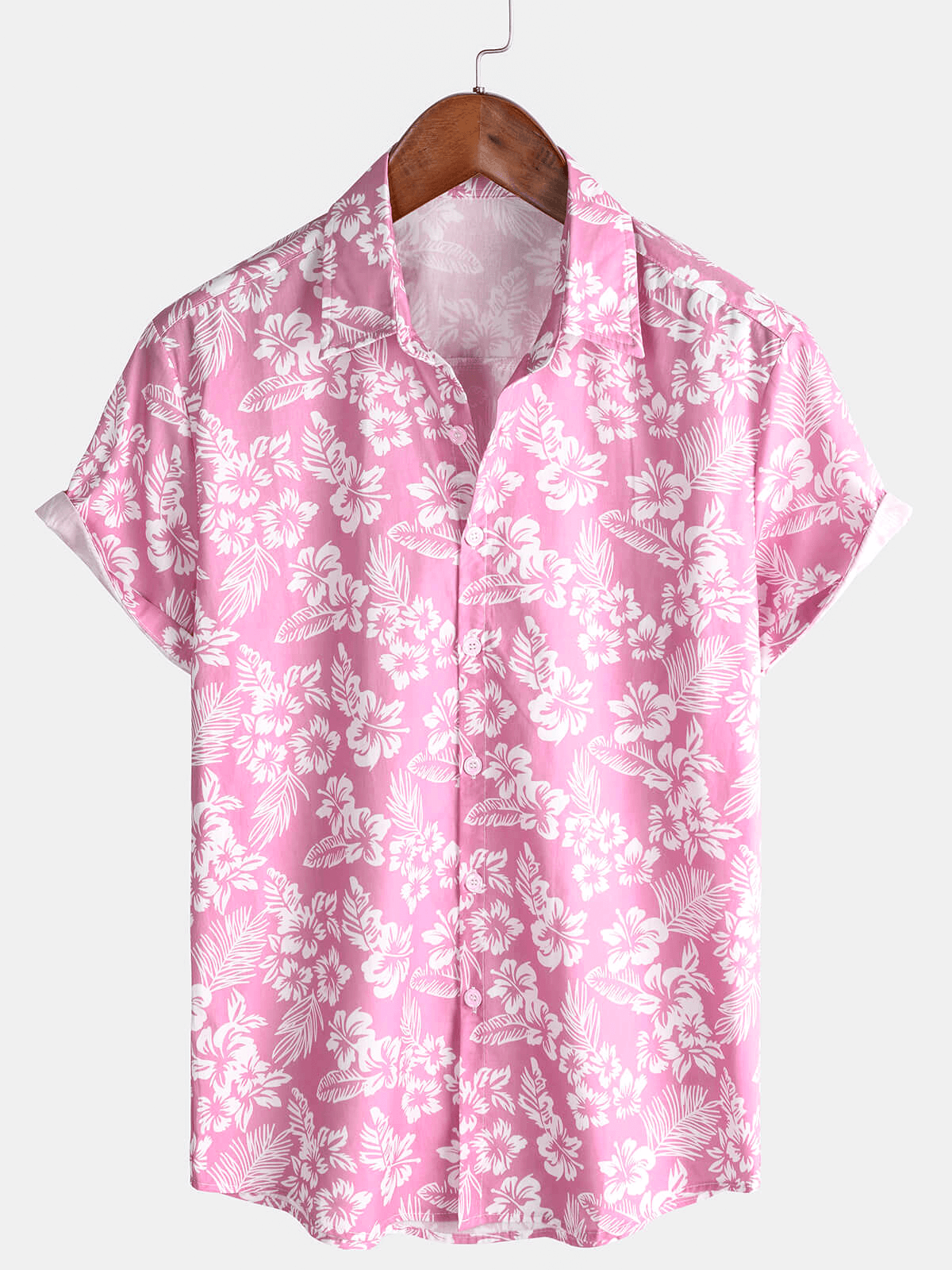 Men's Pink Cotton Hawaiian Floral Button Up Summer Short Sleeve Shirt