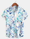 Men's Cotton Beach Tropical Button Up Blue Floral Aloha Short Sleeve Hawaiian Shirt