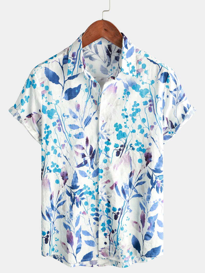Men's Cotton Beach Tropical Button Up Blue Floral Aloha Short Sleeve Hawaiian Shirt