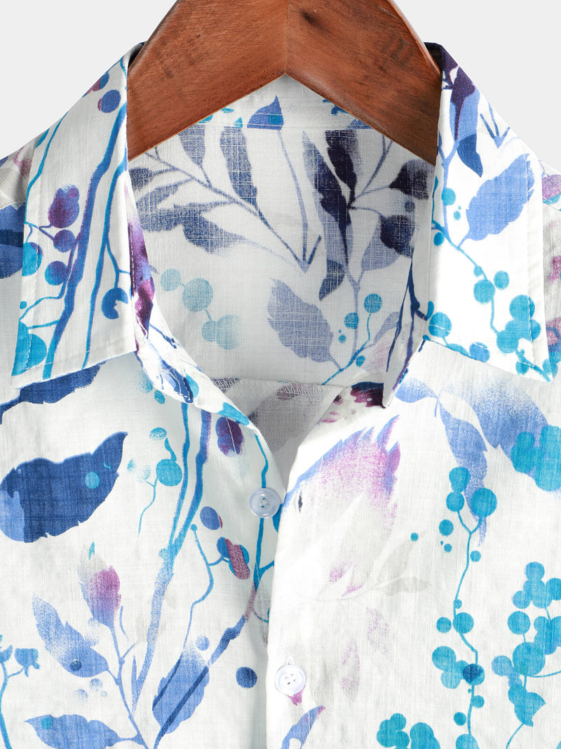 Men's Cotton Beach Tropical Button Up Blue Floral Aloha Short Sleeve Hawaiian Shirt