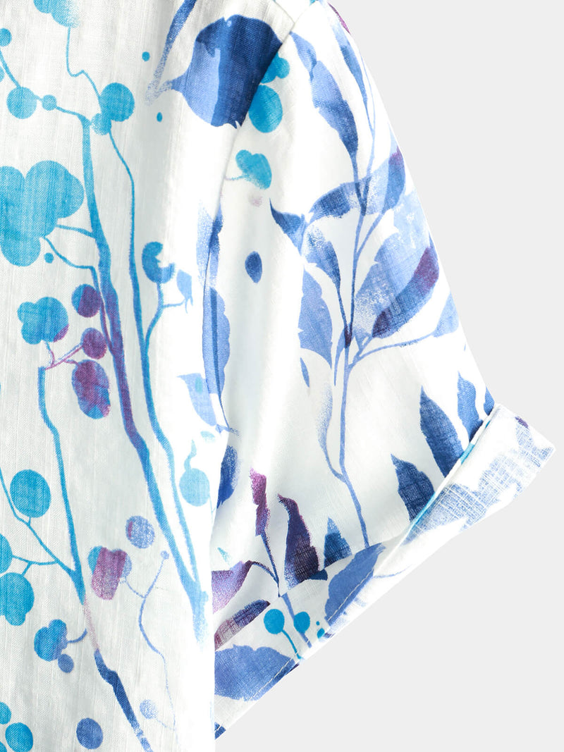 Men's Cotton Beach Tropical Button Up Blue Floral Aloha Short Sleeve Hawaiian Shirt