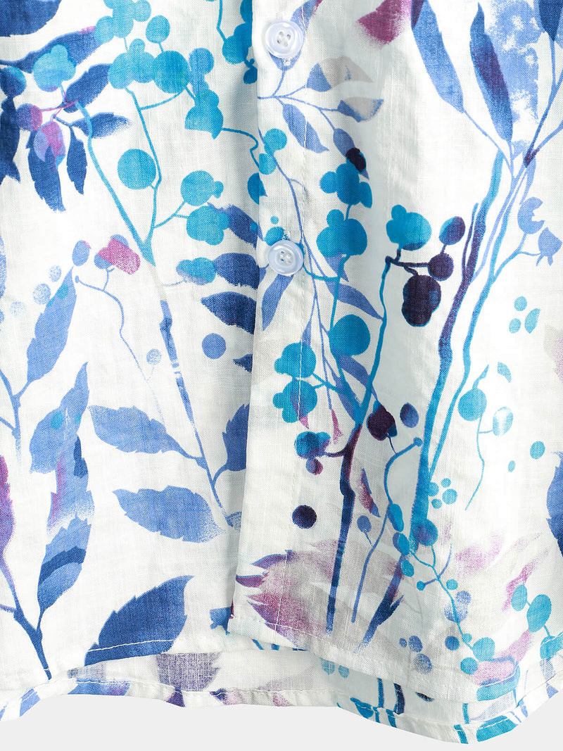 Men's Cotton Beach Tropical Button Up Blue Floral Aloha Short Sleeve Hawaiian Shirt