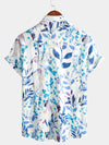 Men's Cotton Beach Tropical Button Up Blue Floral Aloha Short Sleeve Hawaiian Shirt