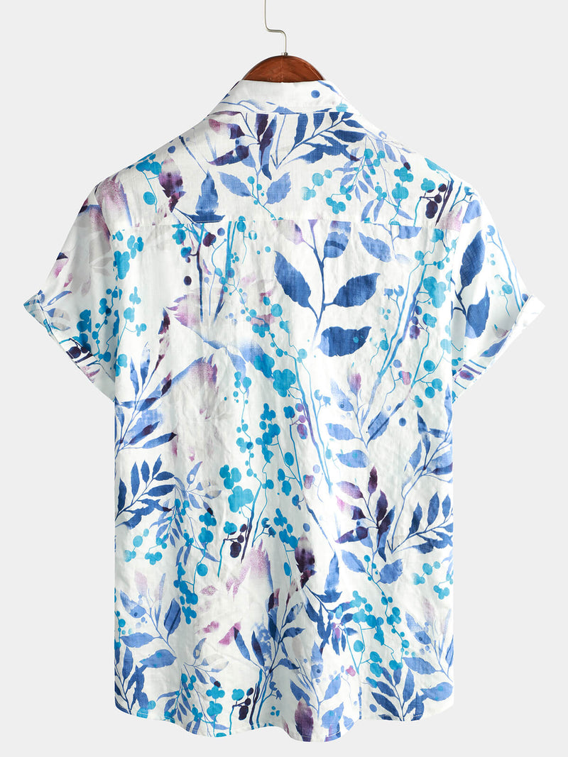 Men's Cotton Beach Tropical Button Up Blue Floral Aloha Short Sleeve Hawaiian Shirt