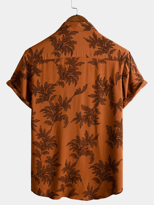 Men's Vintage Brown Plant Floral  Print Flower Holiday Breathable Short Sleeve Button Up Shirt