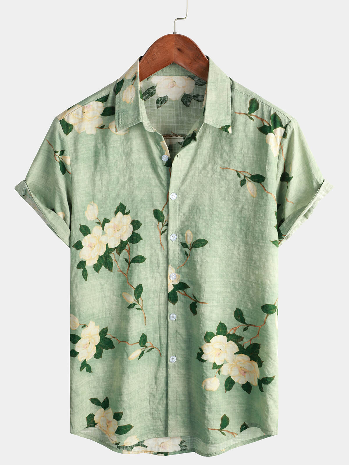 Men's Light Green Vintage Floral Cotton Hawaiian Short Sleeve Button Up Shirt