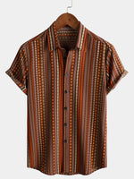 Men's Retro Vintage Striped Short Sleeve 70s Summer Beach Boho Button Up Brown Shirt