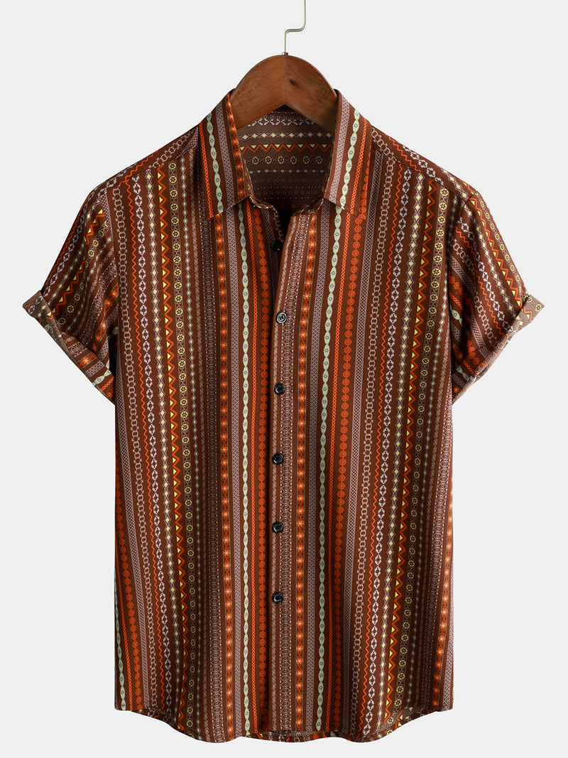 Men's Retro Vintage Striped Short Sleeve 70s Summer Beach Boho Button Up Brown Shirt