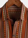 Men's Retro Vintage Striped Short Sleeve 70s Summer Beach Boho Button Up Brown Shirt
