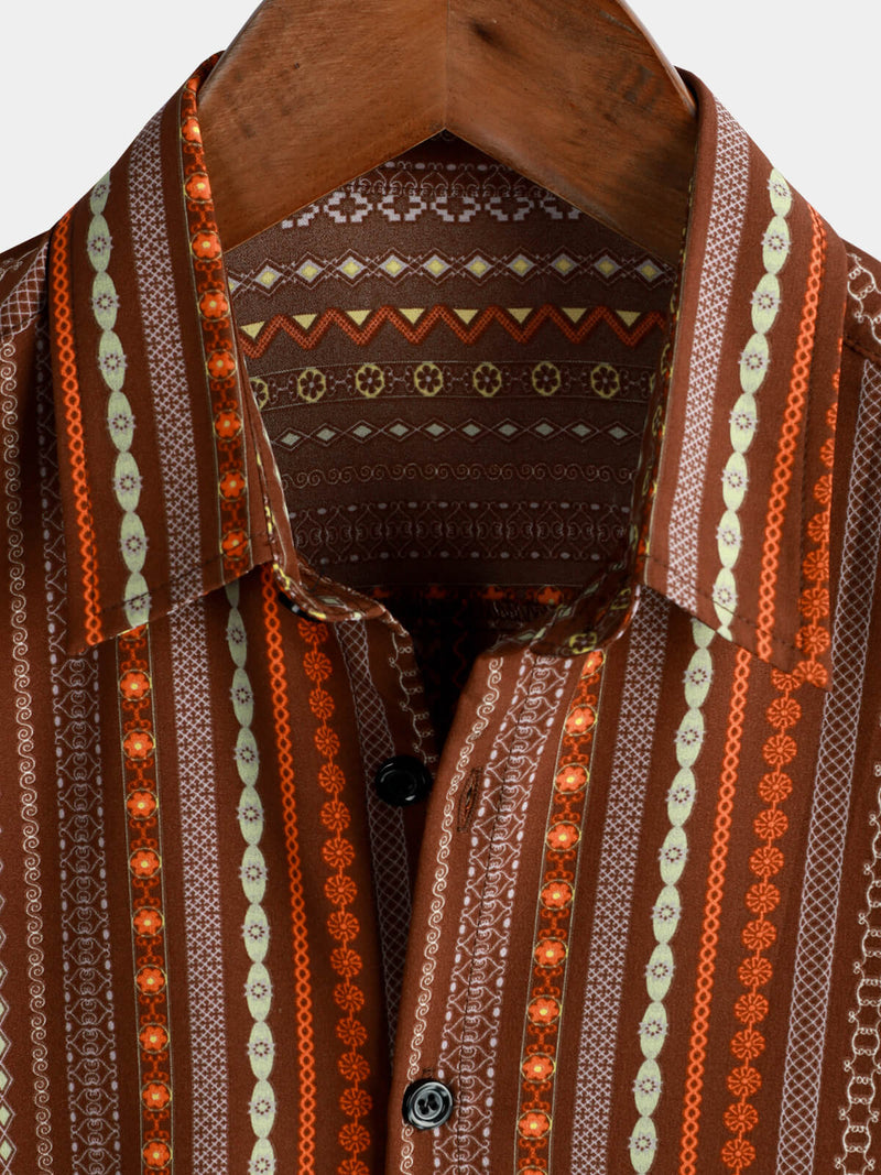 Men's Retro Vintage Striped Short Sleeve 70s Summer Beach Boho Button Up Brown Shirt