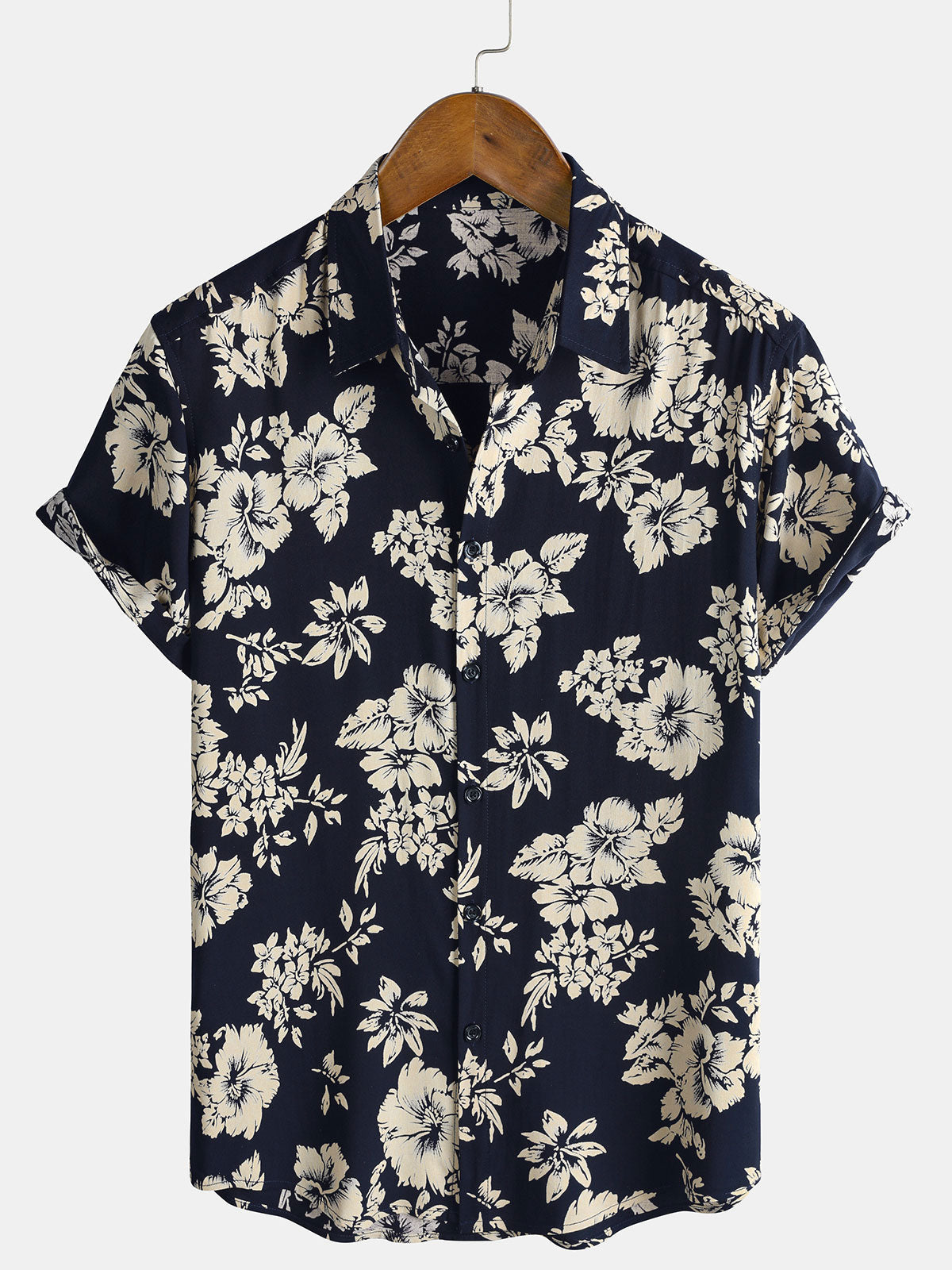Men's Rayon Navy Tropical Floral Print Vacation Short Sleeve Shirt