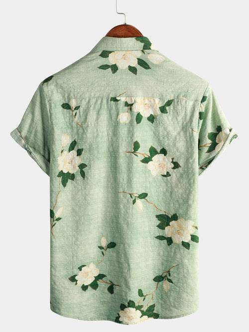 Men's Light Green Vintage Floral Cotton Hawaiian Short Sleeve Button Up Shirt