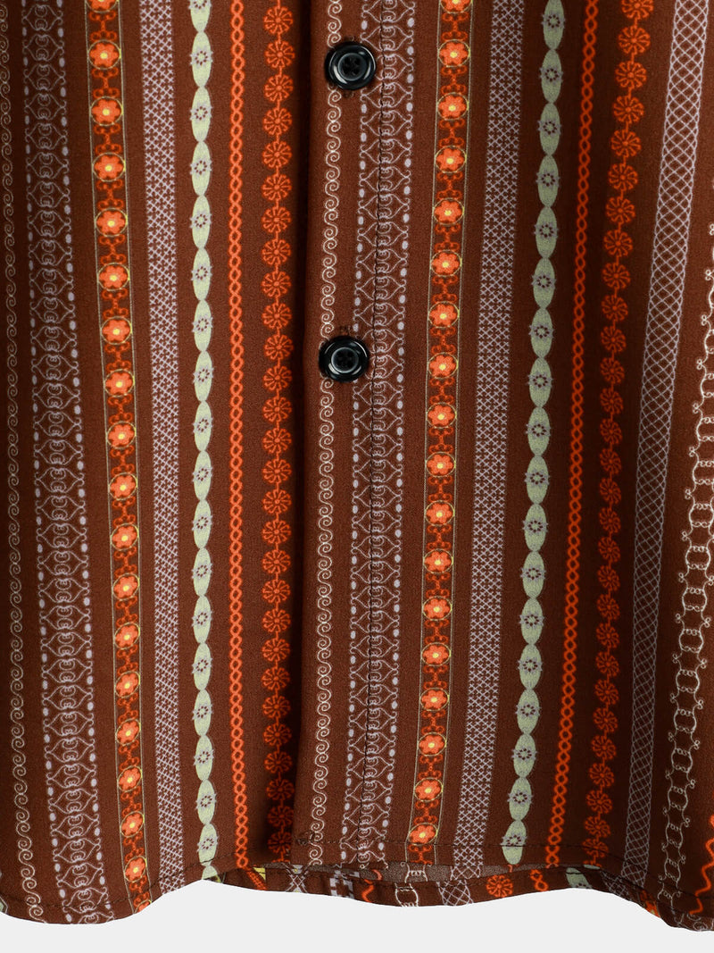 Men's Retro Vintage Striped Short Sleeve 70s Summer Beach Boho Button Up Brown Shirt