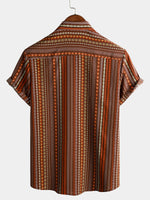Men's Retro Vintage Striped Short Sleeve 70s Summer Beach Boho Button Up Brown Shirt