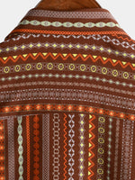 Men's Retro Vintage Striped Short Sleeve 70s Summer Beach Boho Button Up Brown Shirt
