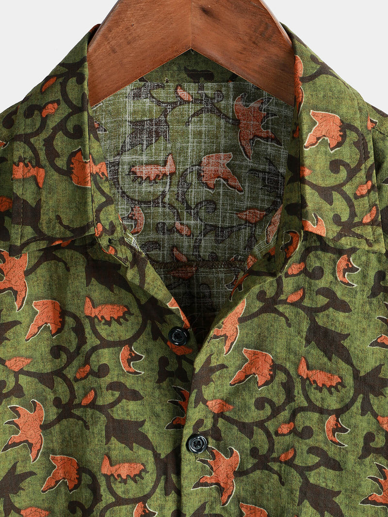 Men's Vintage Cotton Hawaiian Floral 70s Beach Short Sleeve Button Up Shirt